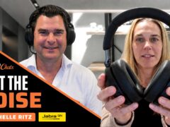 SiP Chats episode thumbnail. On the left, host Brian Hyrek wearing black Jabra over-ear headphones and smiling; an orange diagonal panel over him reads "SiP Chats — Beat the Noise, ft. Michelle Ritz" with the VoIP Supply and Jabra GN logos. On the right, Michelle Ritz holds up a pair of black Jabra Evolve3 headphones toward the camera.