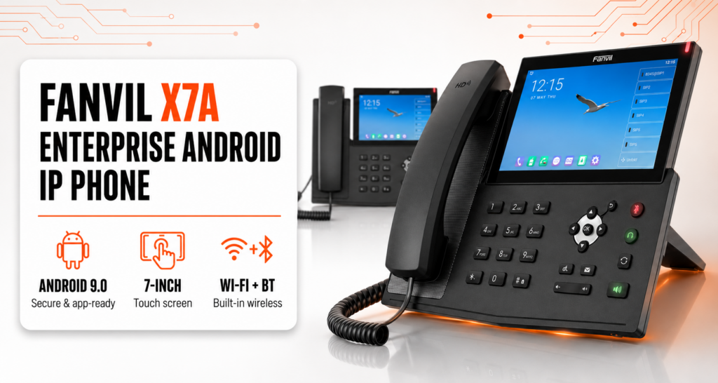 Fanvil X7A enterprise Android IP phone with 7-inch color touchscreen, shown with key features: Android 9.0, touch screen, and built-in Wi-Fi and Bluetooth.