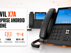 Fanvil X7A enterprise Android IP phone with 7-inch color touchscreen, shown with key features: Android 9.0, touch screen, and built-in Wi-Fi and Bluetooth.