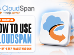 How to use CloudSpan — tutorial graphic for the step-by-step CloudSpan PBX licensing platform walkthrough, with the CloudSpan by VoIP Supply logo.